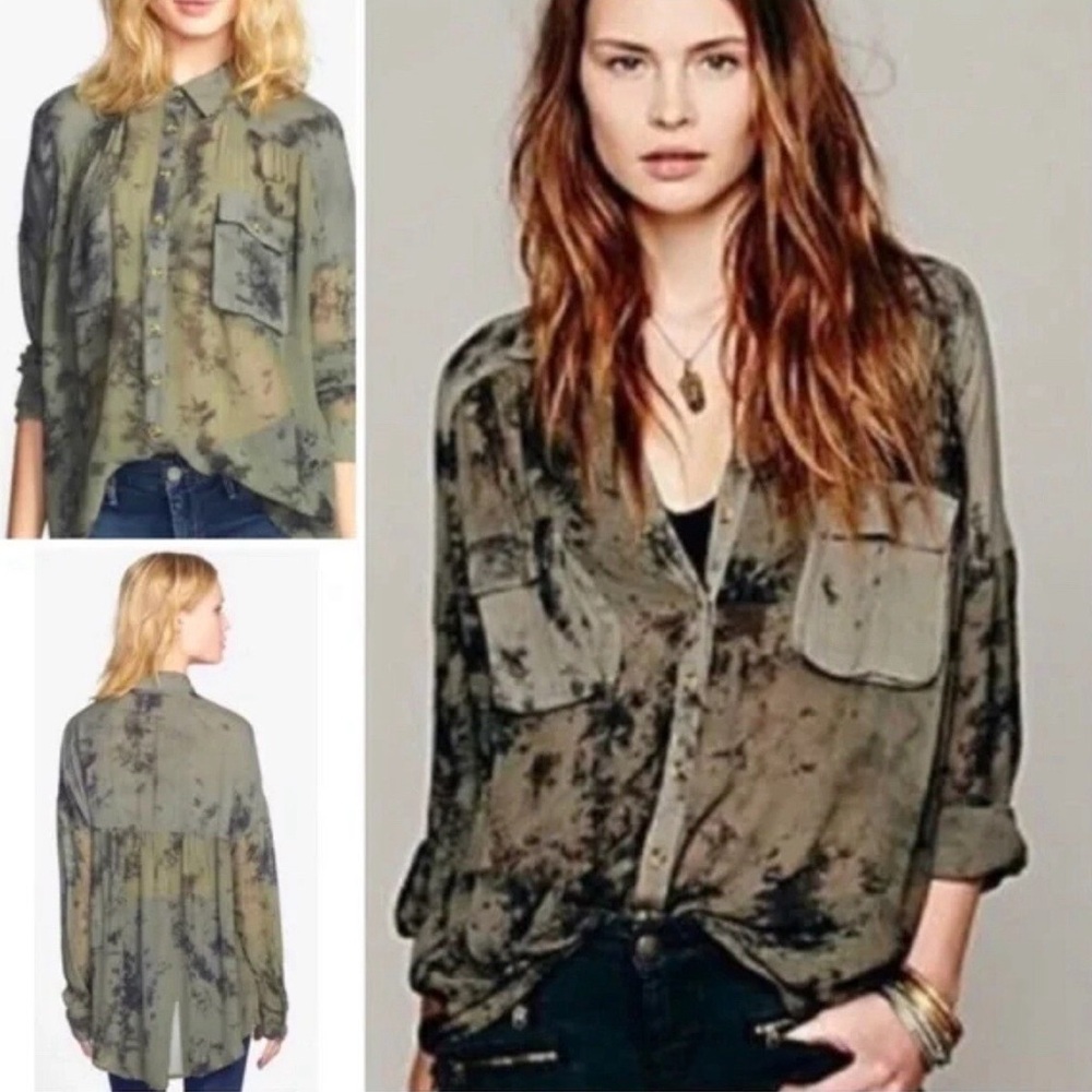 Free People Olive Green Tie Dye Button-Front Women's Shirt
